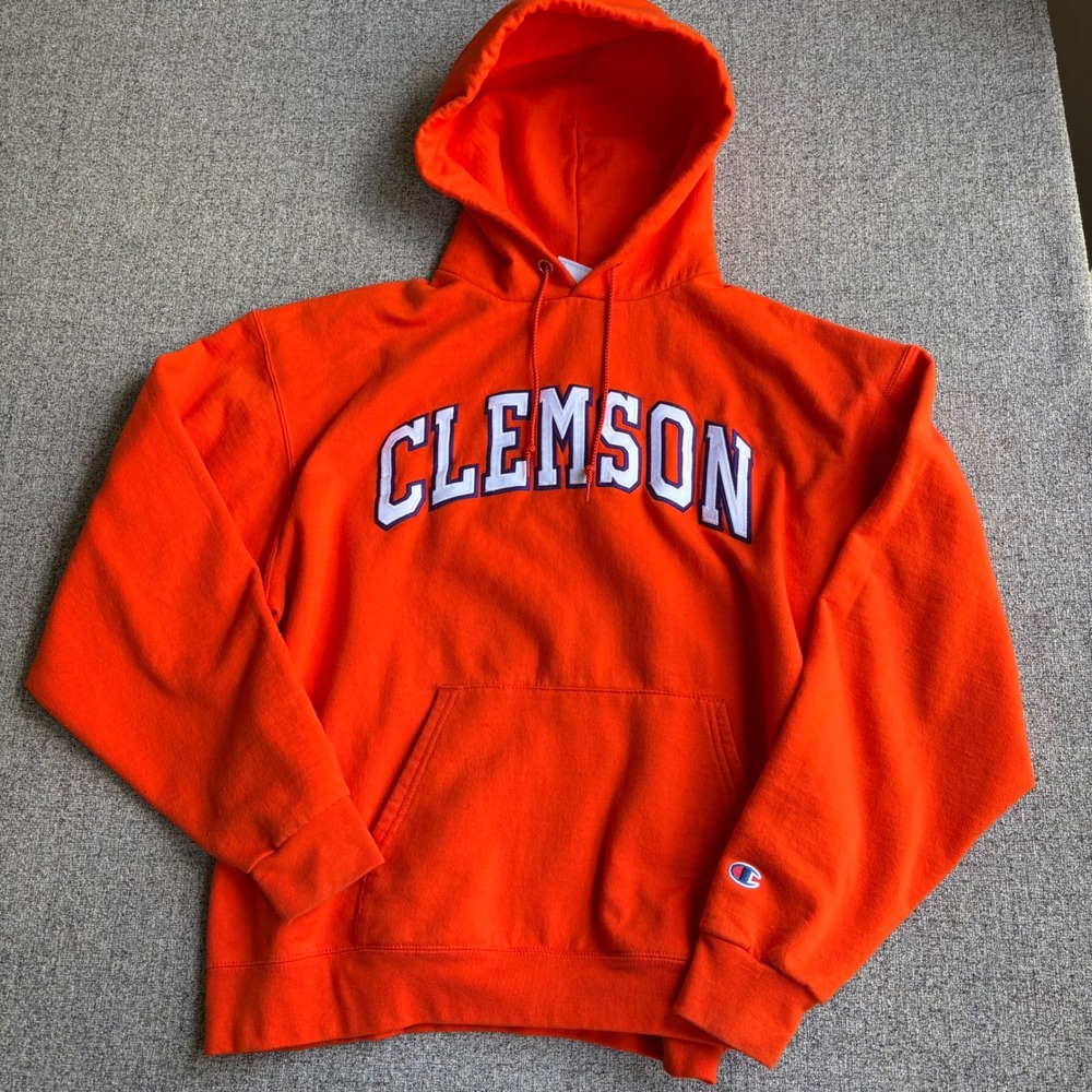 Champion Hoodie Mens XL Orange Clemson Tigers Vintage Collegiate Pullover Logo